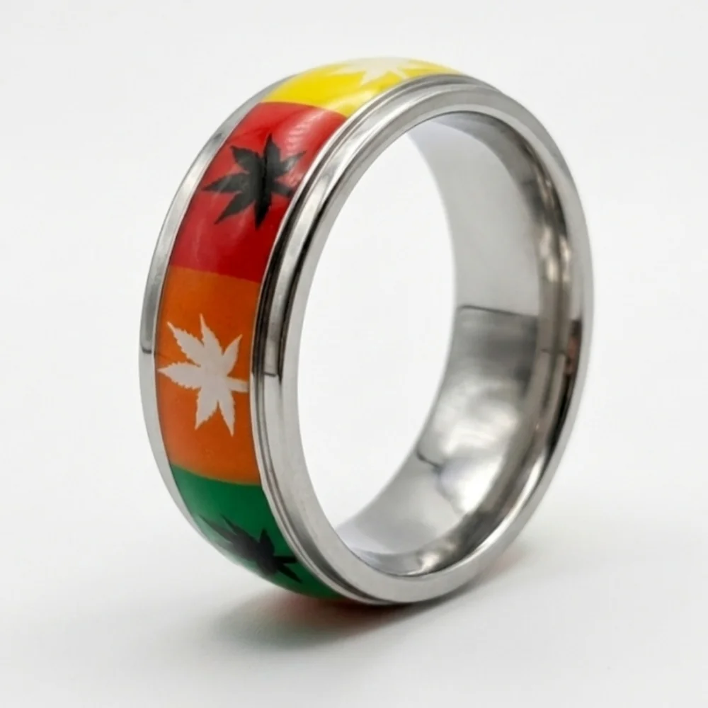 Stainless Steel Boho Rasta Multi-Color Leaf Band Ring - Size 9.5 (China 19)